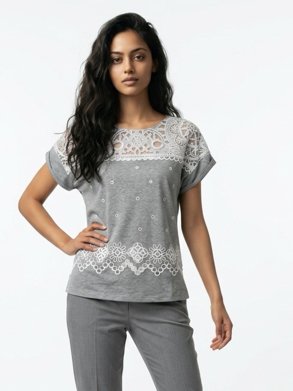 Zara Gray and White Embroidered Women's Blouse. Large